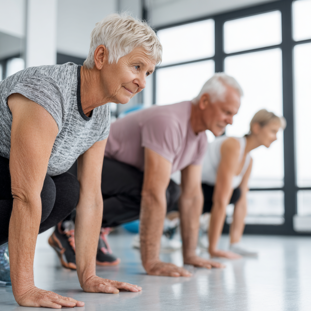 Middle-aged Ukrainian adults engaging in moderate fitness training with smiling expressions in a modern gym setting